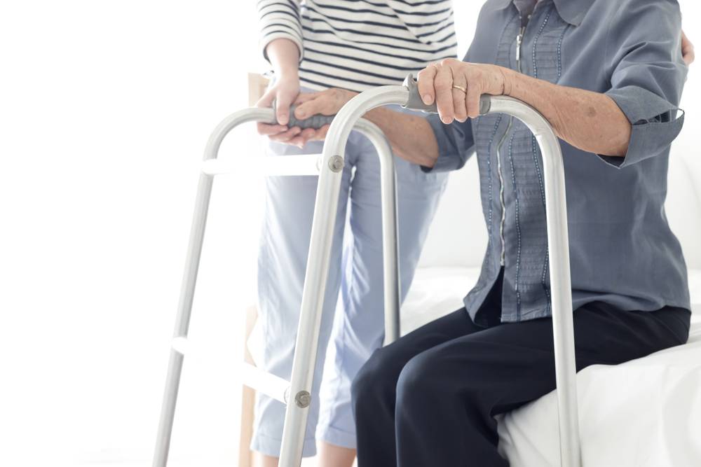 walk training , stroke patient use walker, care giver